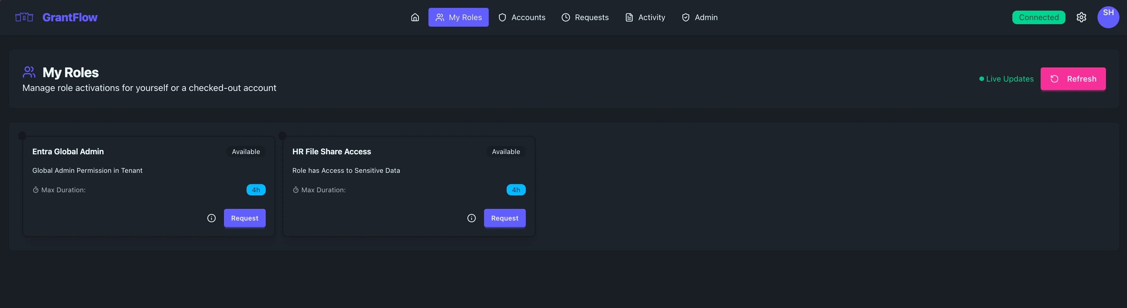My Roles — session extension button on active role card